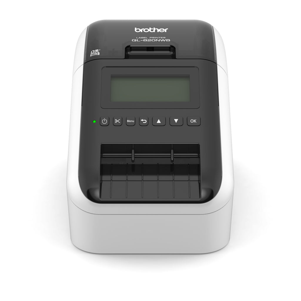 Brother QL-820NWBC desktop USB 2.0 Wi-Fi Ethernet Bluetooth black and red printing label printer front