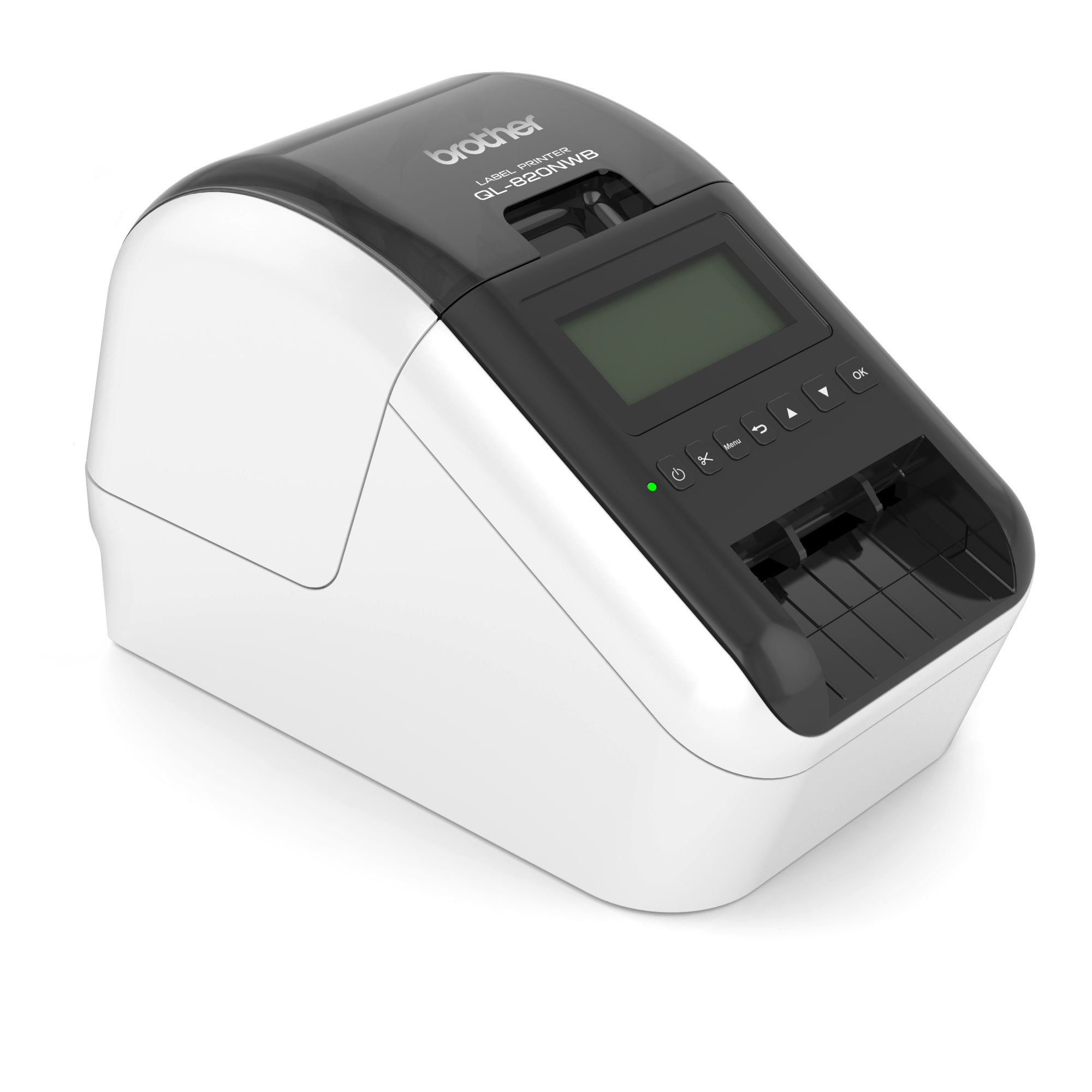 Brother QL-820NWBC desktop USB 2.0 Wi-Fi Ethernet Bluetooth black and red printing label printer left
