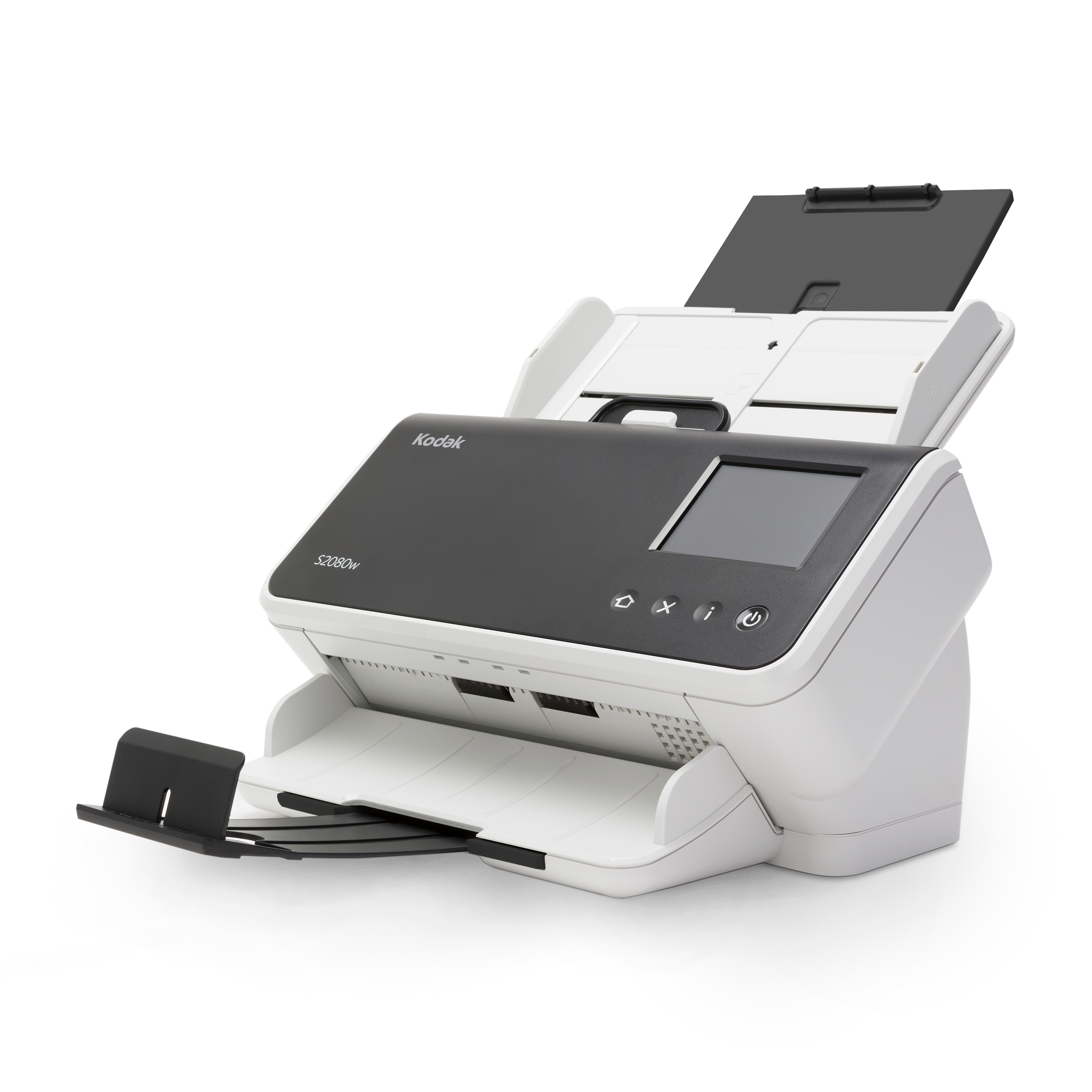 Kodak Alaris S2080W A4 80ppm 600 dpi wireless network document scanner USB 3.2 Gen 1, Wireless, and Ethernet LAN front left open