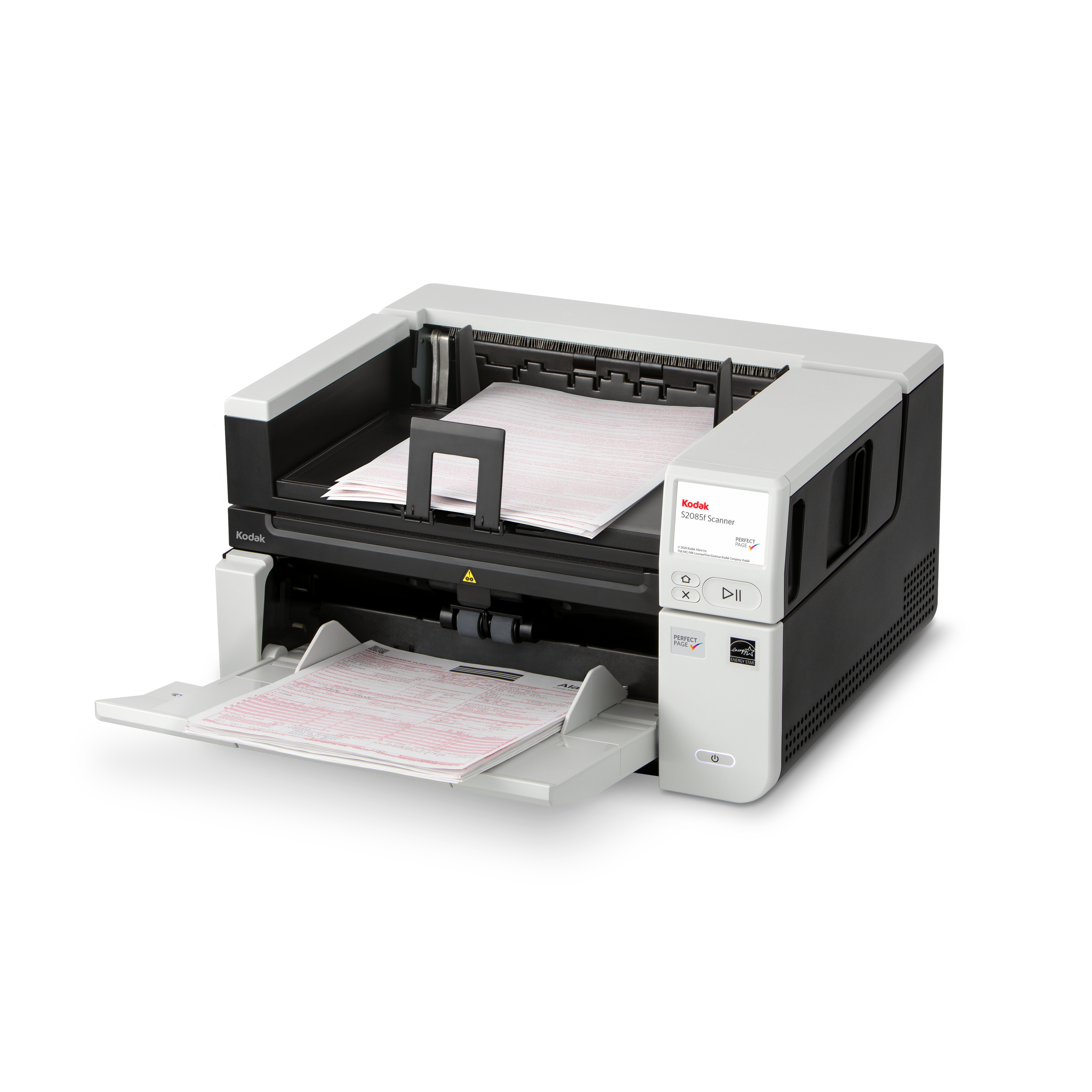 Kodak Alaris S2085f A4 document scanner with built-in book-edge flatbed 85ppm 600 dpi USB 3.2 Gen 1 (3.1 Gen 1) and Ethernet left with media