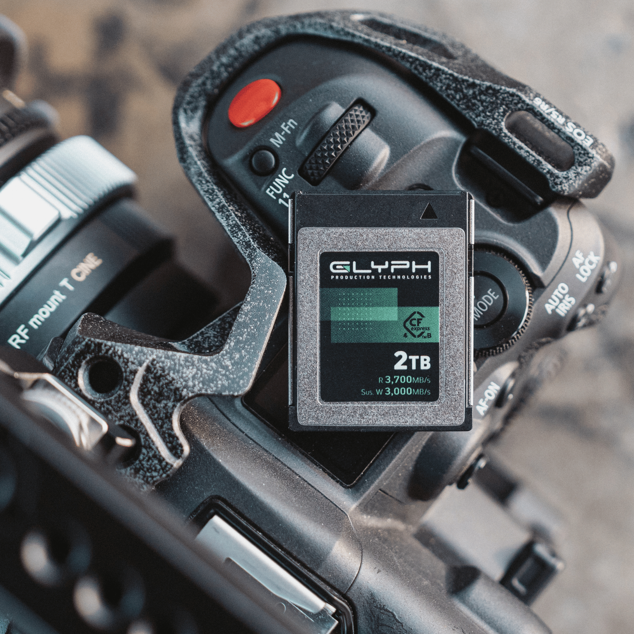 Glyph 2TB memory card next to a camera