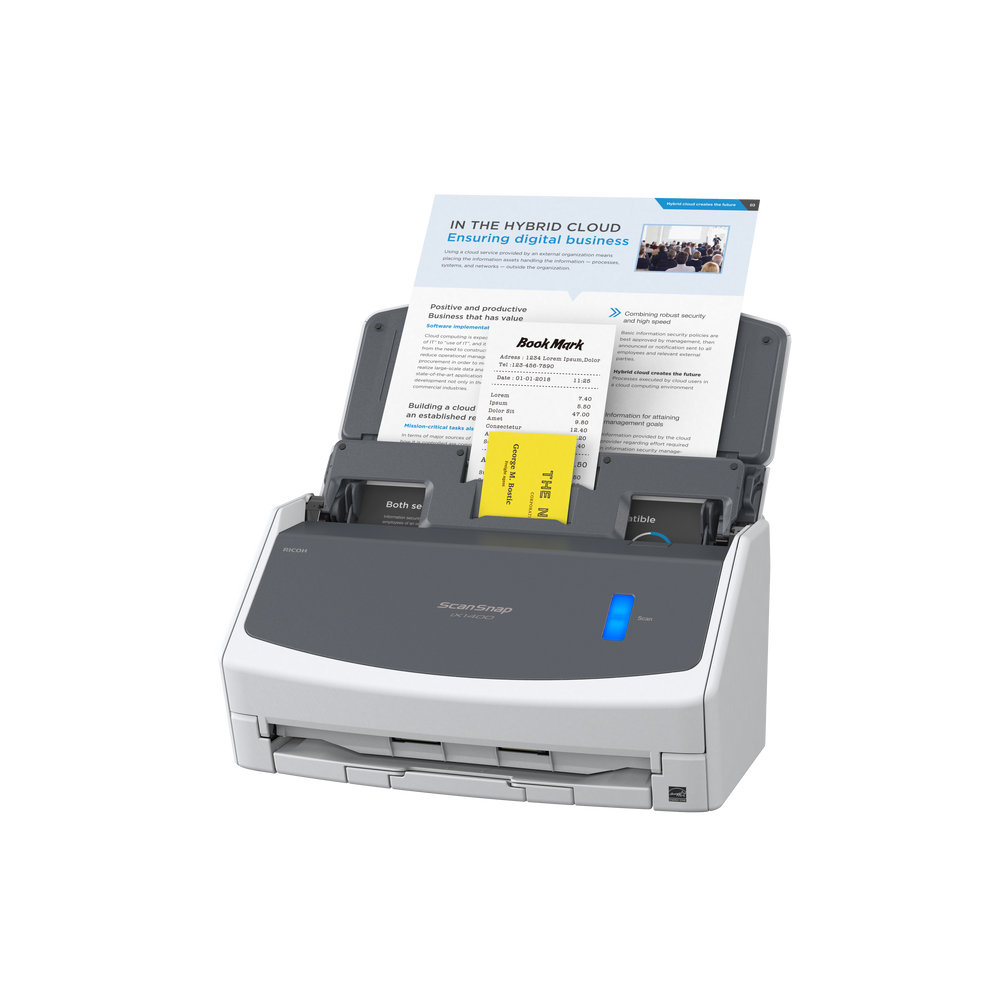 Ricoh ScanSnap iX1400 A4 one-touch document scanner USB 3.2 PC and Mac front with media