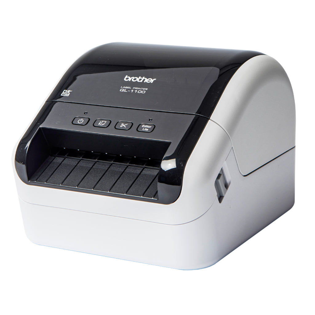 Brother QL-1100C shipping and barcode label printer up to 4 inch wide labels USB 2.0 left