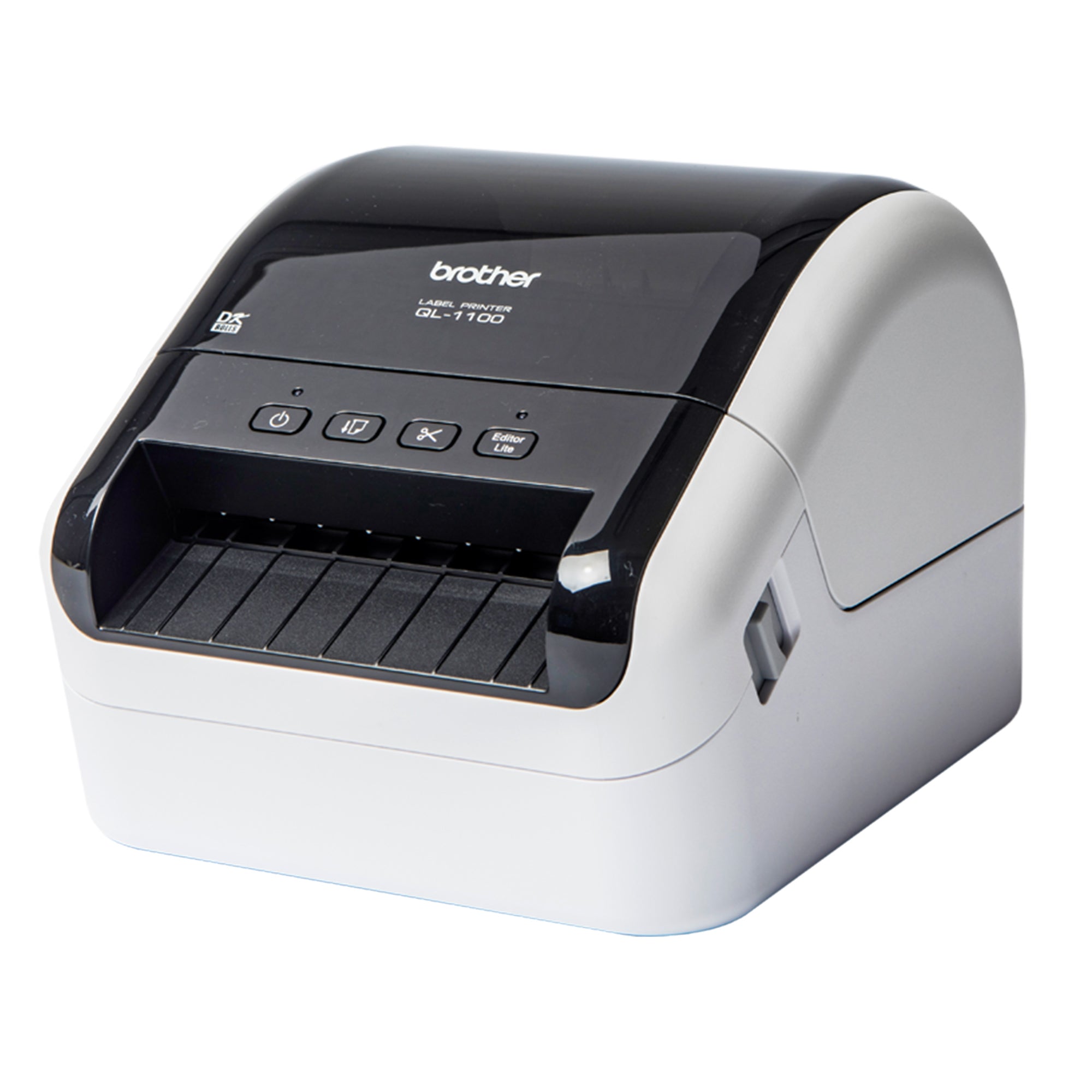 Brother QL-1100C shipping and barcode label printer up to 4 inch wide labels USB 2.0 left