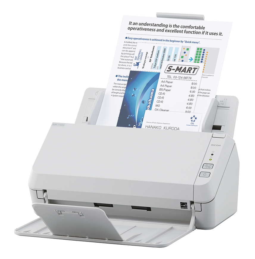 Ricoh SP-1120N A4 document scanner 20ppm USB 3.2 and Ethernet LAN left with media