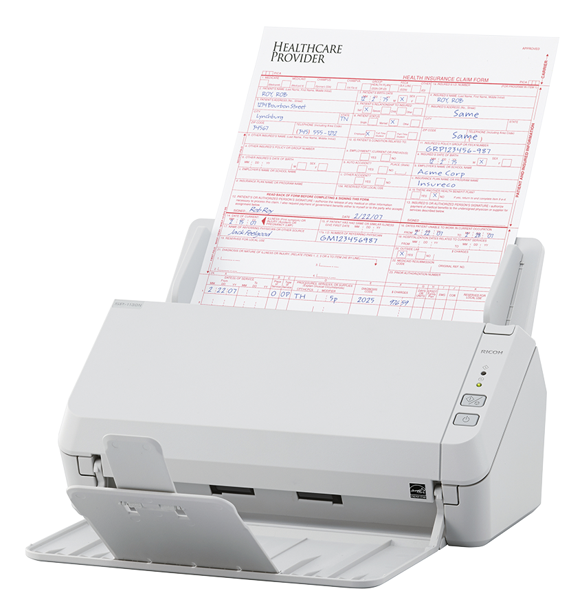 Ricoh SP-1130N A4 document scanner 30ppm USB 3.2 and Ethernet LAN left with media