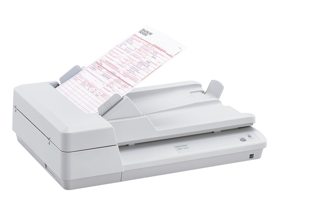 Ricoh SP-1425 A4 document scanner with ADF and flatbed 25ppm USB 2.0 right with media