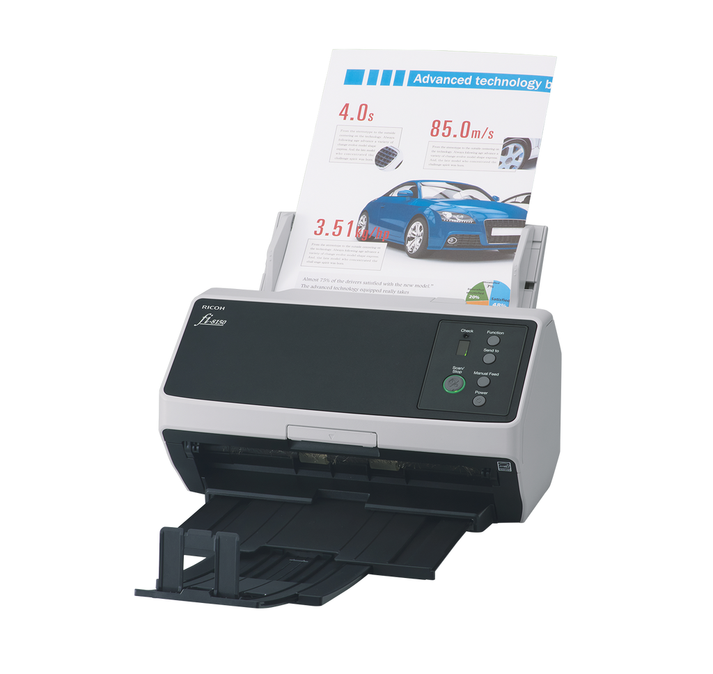 Ricoh fi-8150 A4 document scanner 50ppm USB 3.2 Gen 1 & Ethernet front left with media