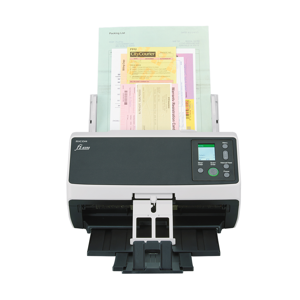 Ricoh fi-8190 A4 document scanner 90ppm USB 3.2 Gen 1 & Ethernet front with media