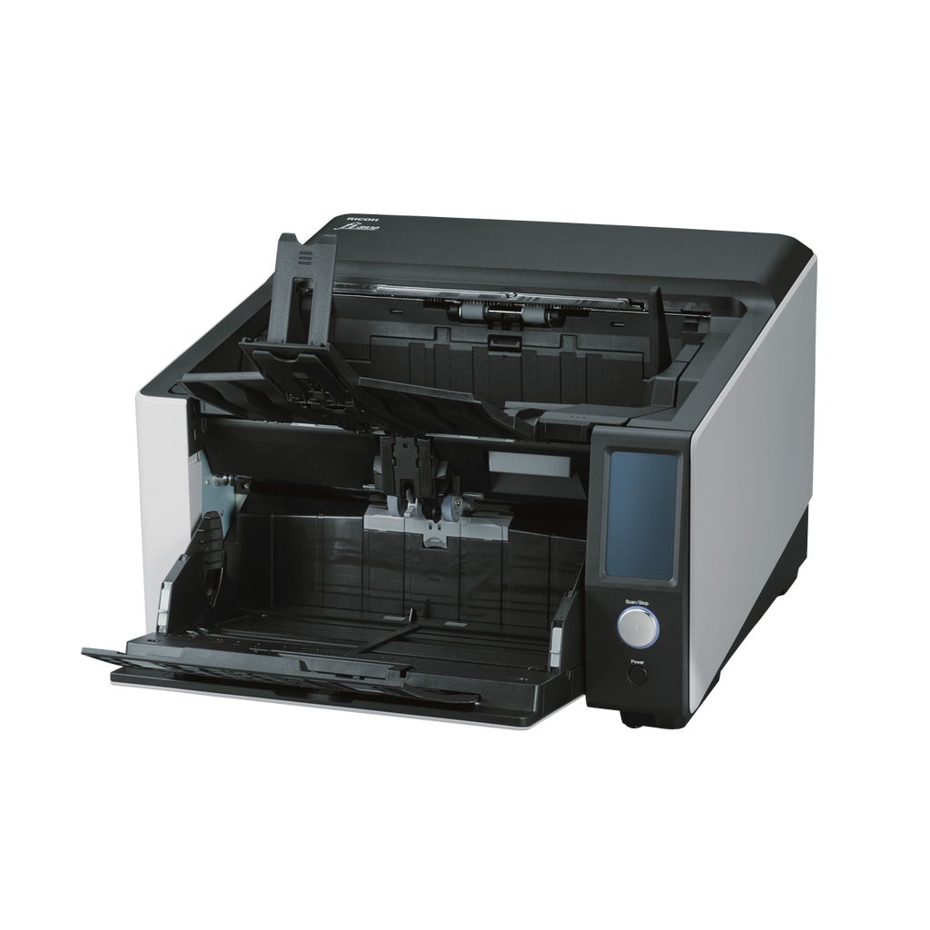 Ricoh fi-8930 production document scanner 600dpi 130ppm 750 sheet ADF USB 3.2 & Gigabit LAN front left open
