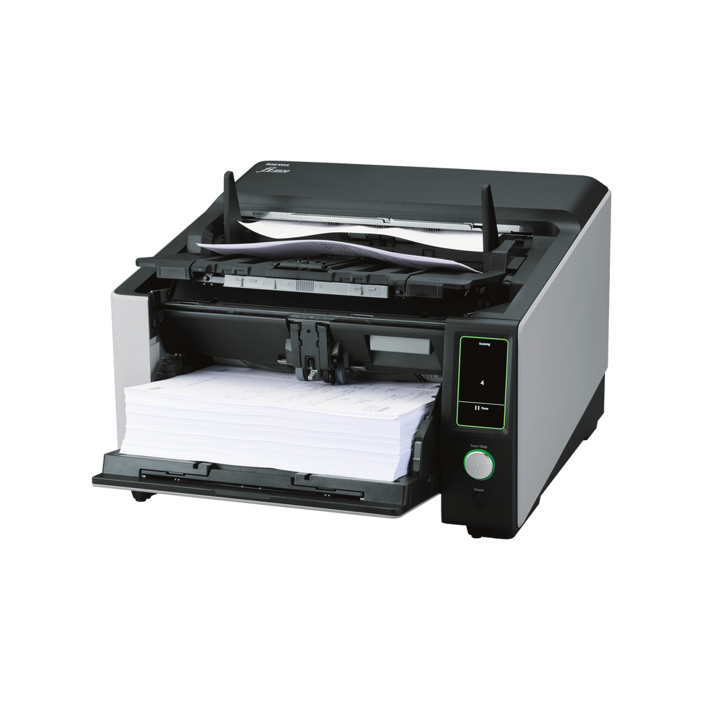 Ricoh fi-8930 production document scanner 600dpi 130ppm 750 sheet ADF USB 3.2 & Gigabit LAN front left with media
