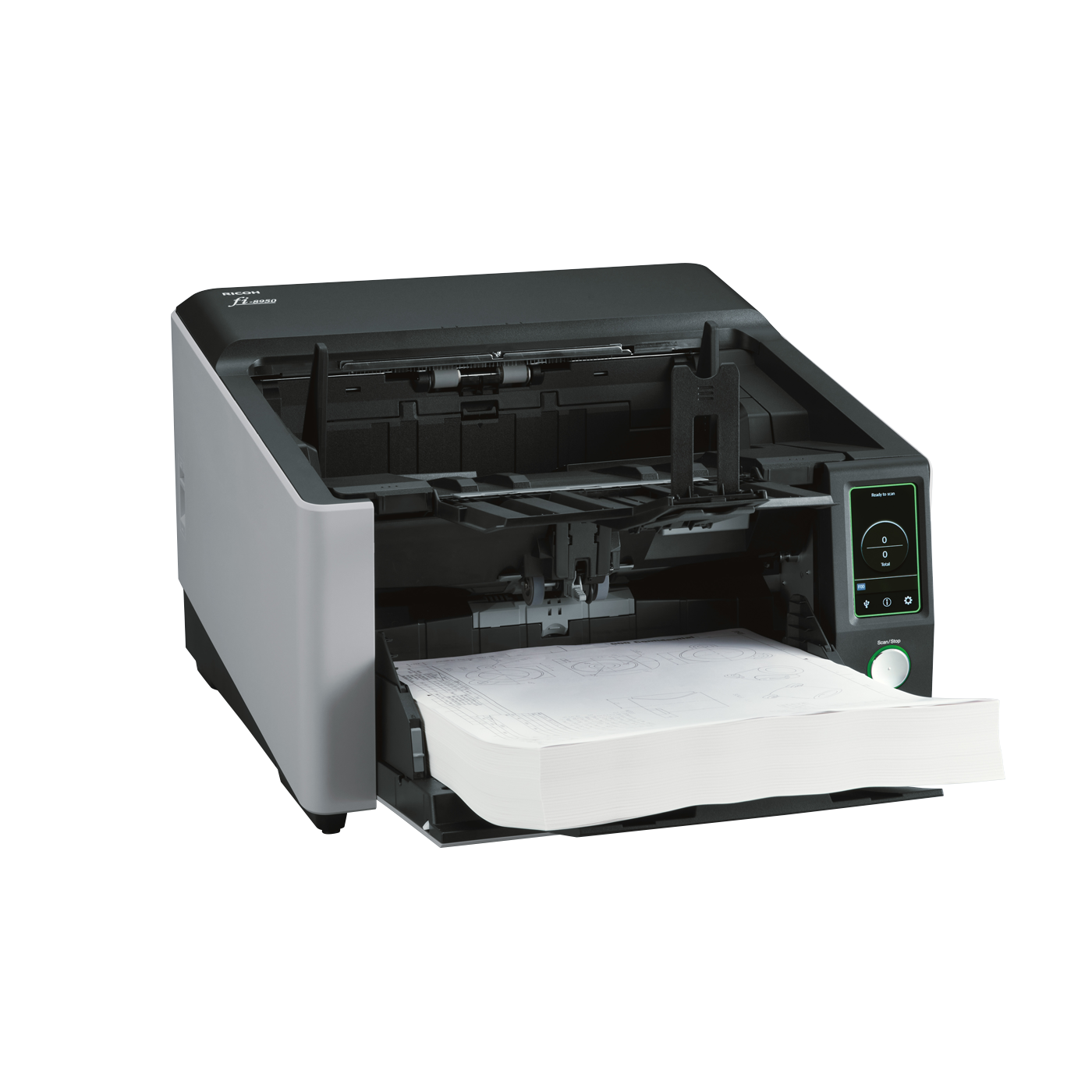 Ricoh fi-8950 production document scanner 600dpi 150ppm 750 sheet ADF USB 3.2 & Gigabit LAN front right wth media