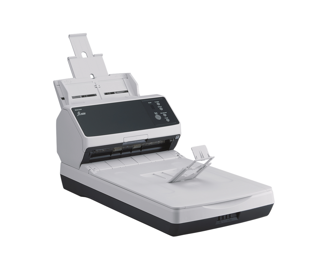 Ricoh fi-8250 A4 document scanner 50ppm including flatbed USB 3.2 Gen 1 & Ethernet front left