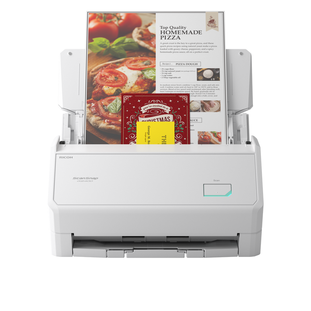 Ricoh ScanSnap iX2400 A4 document scanner USB 3.2 Gen 1 in white front with media