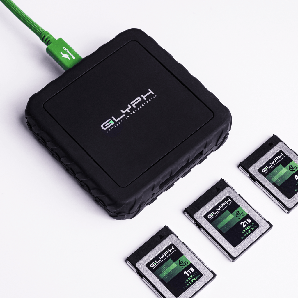 Glyph Capture+ CFexpress card reader lifestyle with 3 cards
