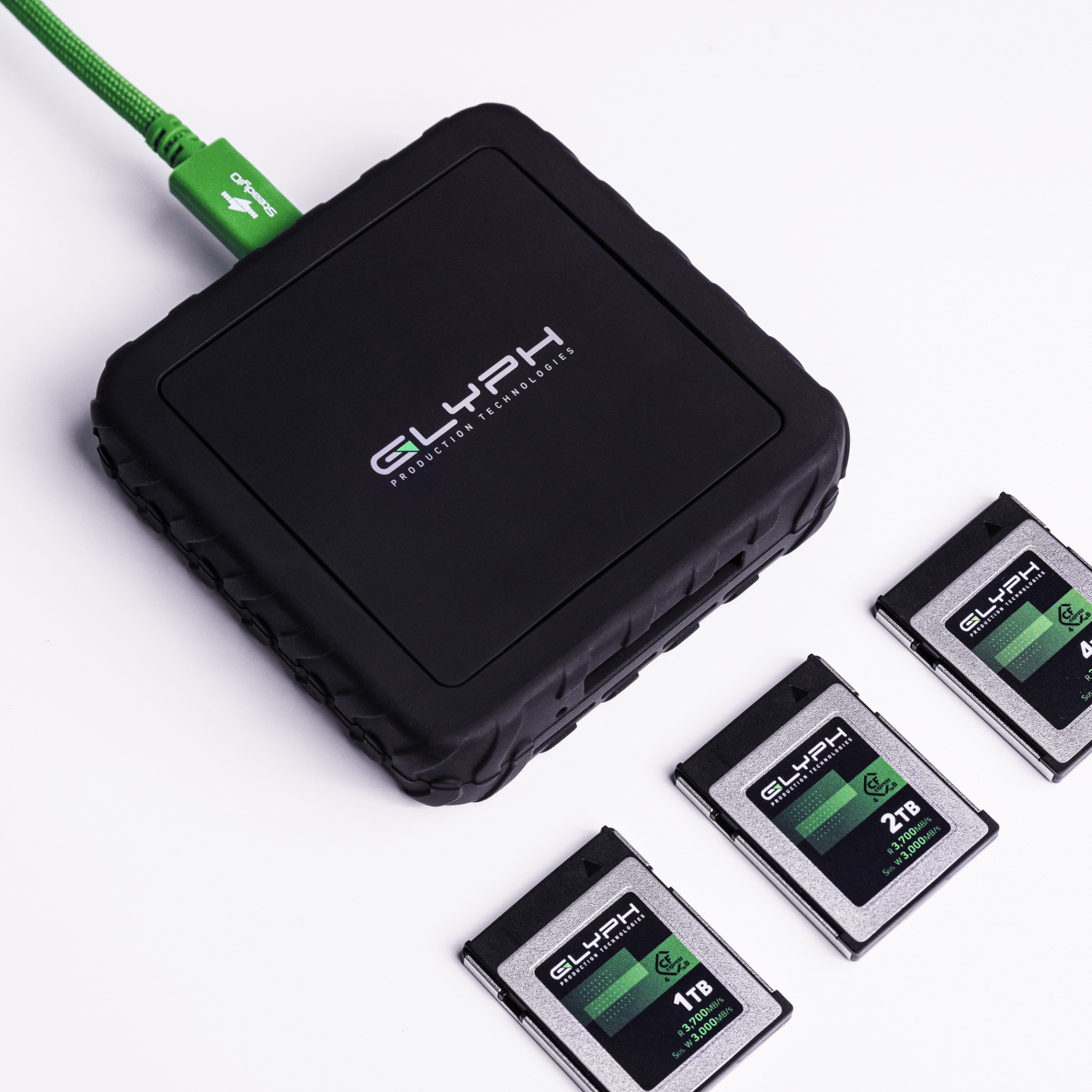 Glyph Capture+ CFexpress card reader lifestyle with 3 cards