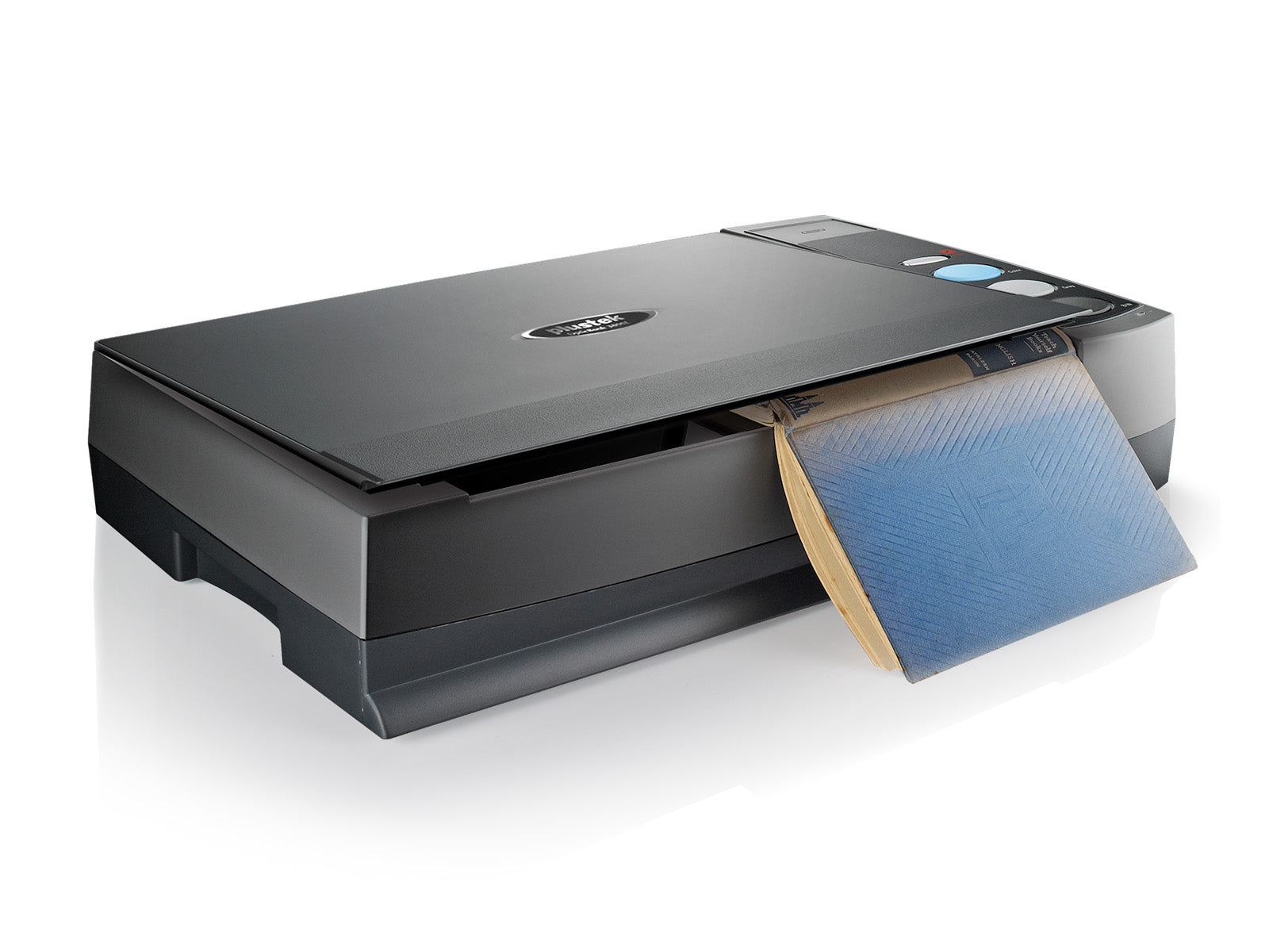 Plustek OpticBook 3800L A4 book-edge document scanner 1200 dpi USB 2.0 PC & Mac front right closed with book 