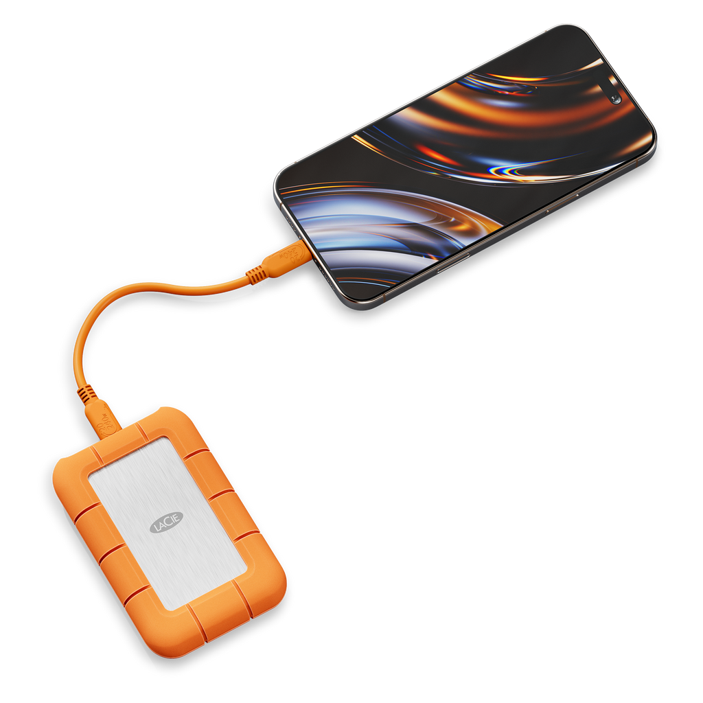 LaCie Rugged SSD4 1TB portable external SSD drive USB 40 Gbps and Thunderbolt 5 compatibility STND1000400 with phone
