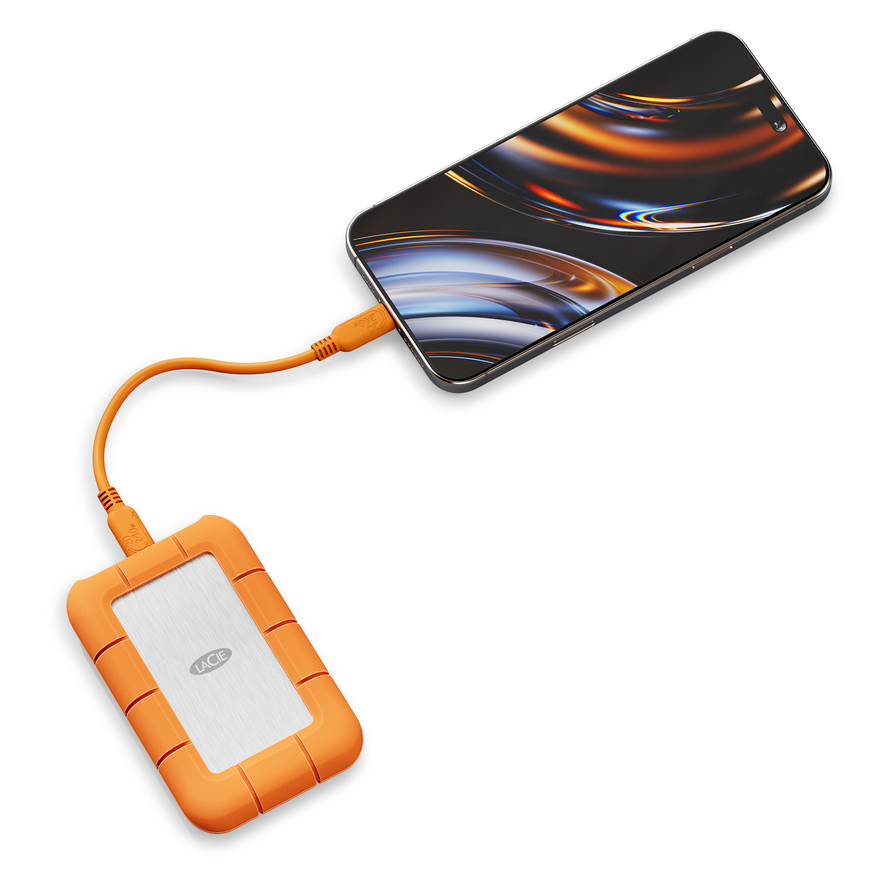 LaCie Rugged SSD4 1TB portable external SSD drive USB 40 Gbps and Thunderbolt 5 compatibility STND1000400 with phone